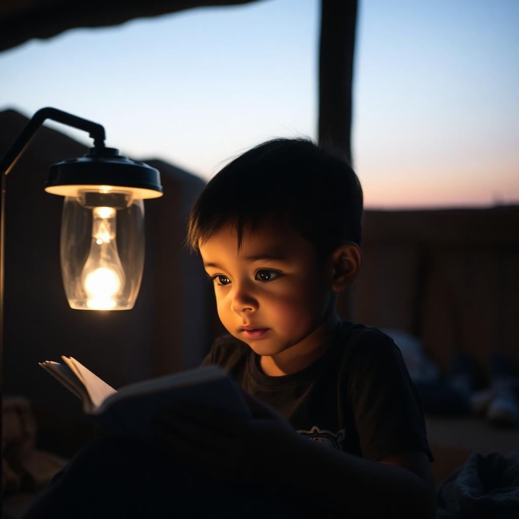 Child reading by solar lamp